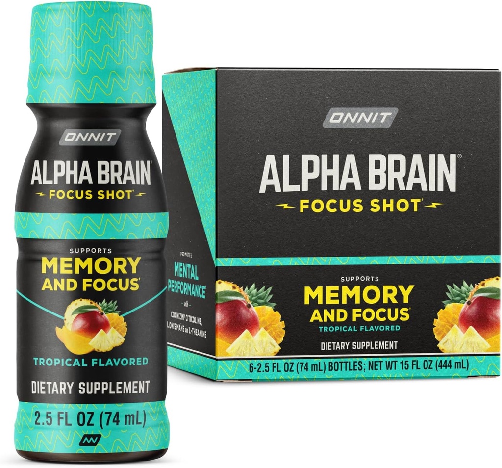ONNIT Alpha Brain Focus Shot, Tropical Flavor, Nootropic Dietary Supplement Drink That Supports Energy, Focus, and Mood, IGEN™ Non-GMO Tested, 2.5 fl oz, 6 Count 2