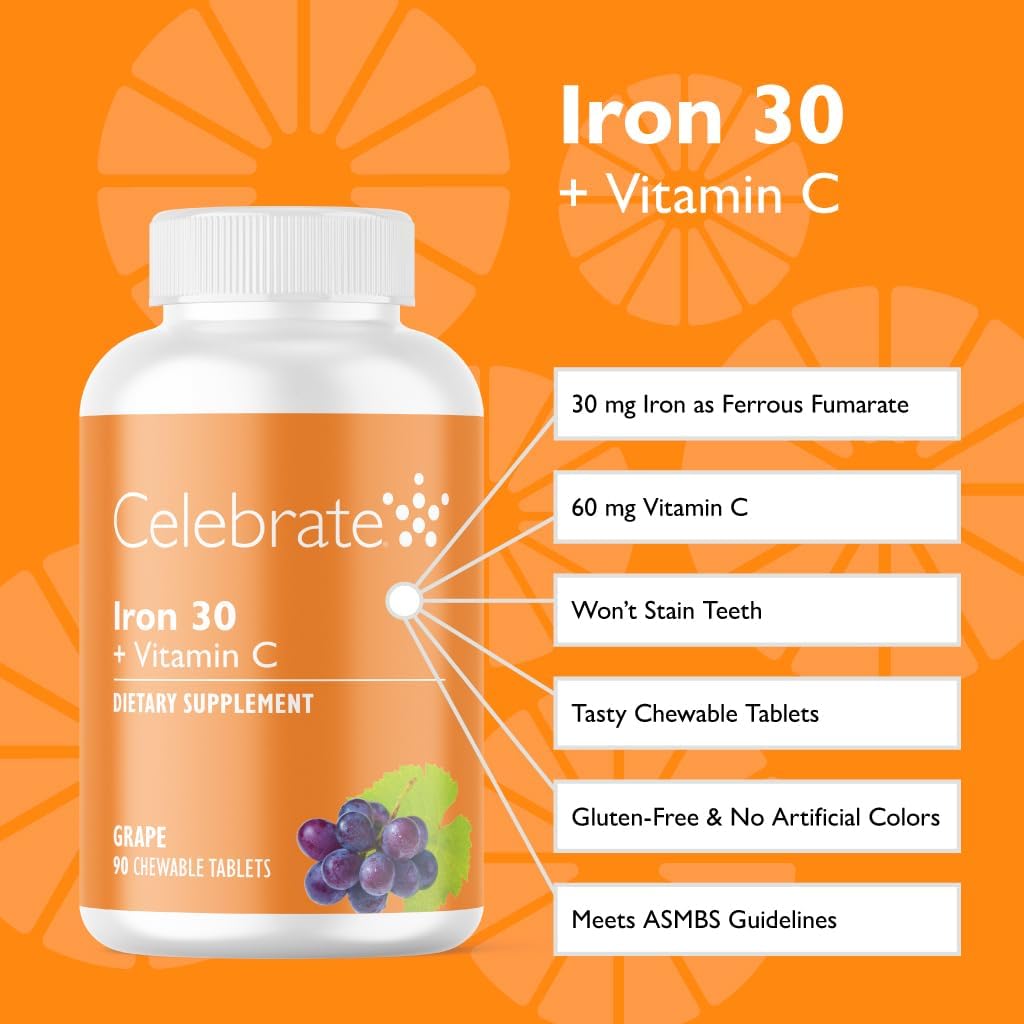 Celebrate Vitamins Iron Supplement with Vitamin C - 30mg Iron, 60mg Vitamin C, Bariatric Vitamins for WLS Patients, Vertical Sleeve & Gastric Bypass Surgery – Grape, 90 Chewable Tablets 3