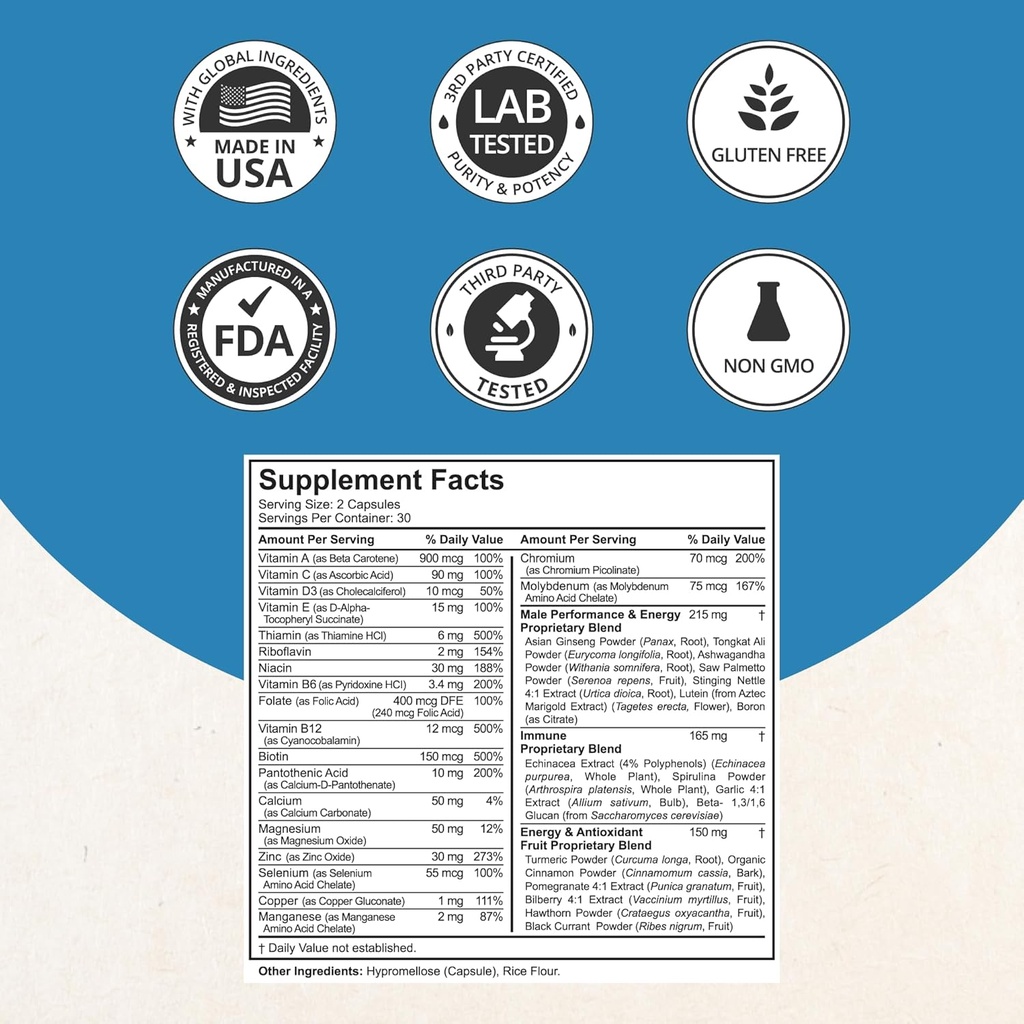 Multivitamin for Men with 38 Key Nutrients, B Complex, D3, A, C, Zinc, Magnesium, Calcium, Asian Ginseng, Ashwagandha, Turmeric for Bones, Muscle, Immunity | 60 Vegan Capsules | 1 Month Supply 3