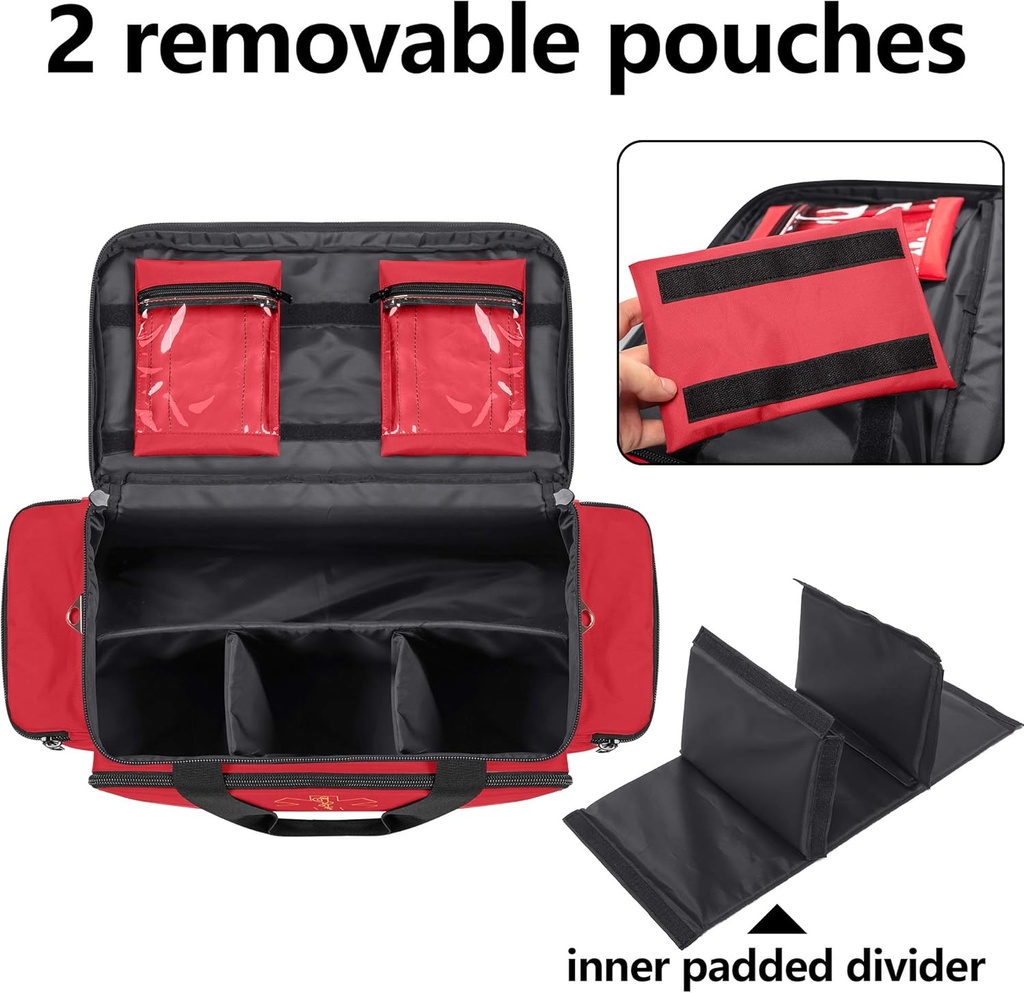 Trunab Emergency Responder Trauma Bag Empty, Professional First Aid Kits Storage Medical Bag with Inner Dividers and No-Scratch Bottom, Ideal for EMT, EMS, Paramedics, Red, BAG ONLY 3