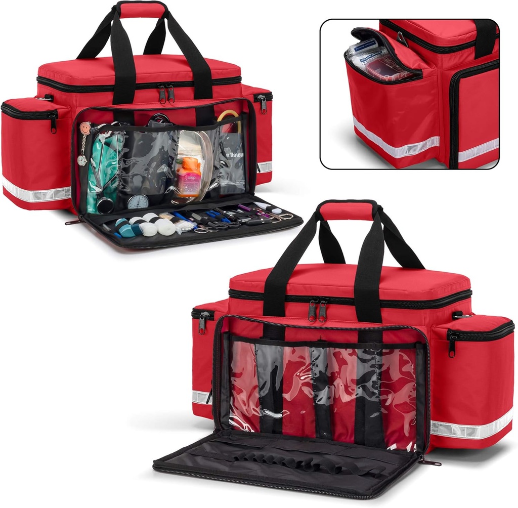 Trunab Emergency Responder Trauma Bag Empty, Professional First Aid Kits Storage Medical Bag with Inner Dividers and No-Scratch Bottom, Ideal for EMT, EMS, Paramedics, Red, BAG ONLY 4