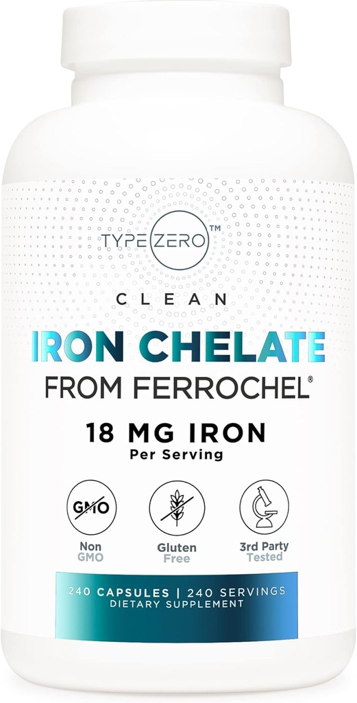 Type Zero Iron Chelate Capsules (18 MG, 240 CAPS) from Ferrochel Ferrous Bisglycinate Chelate - Non-GMO and Gluten Free 2