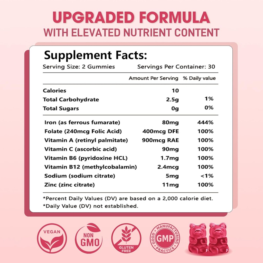 Vegan Iron Supplement for Women, with Vitamin A, C, B6, B12, Folate and Zinc, Energy Boost, Sugar Free, No After Taste - Delicious Cherry Flavor, 60 Count 3