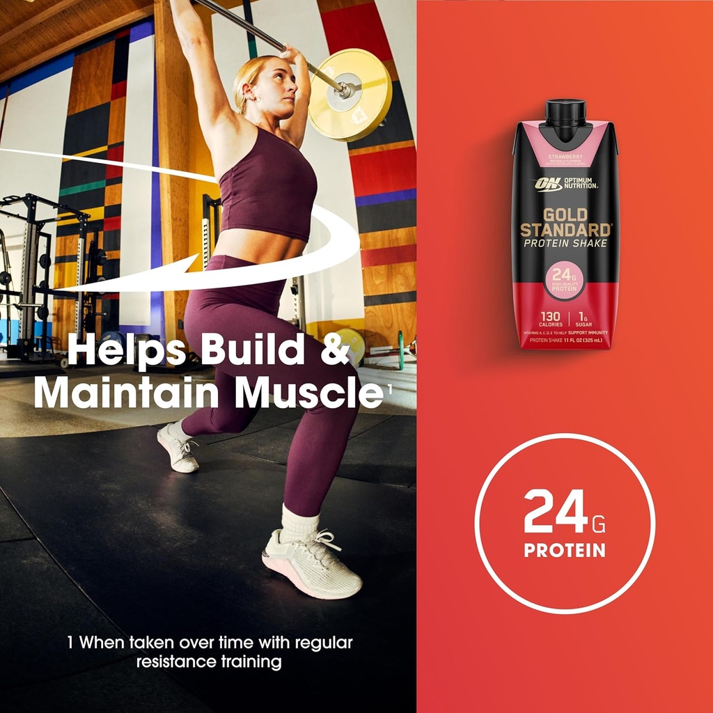 Optimum Nutrition Gold Standard Protein Shake, 24g Protein, Ready to Drink Protein Drinks, Strawberry, 11 Fl Oz, 12 Count (Pack of 1) (Packaging May Vary) 5