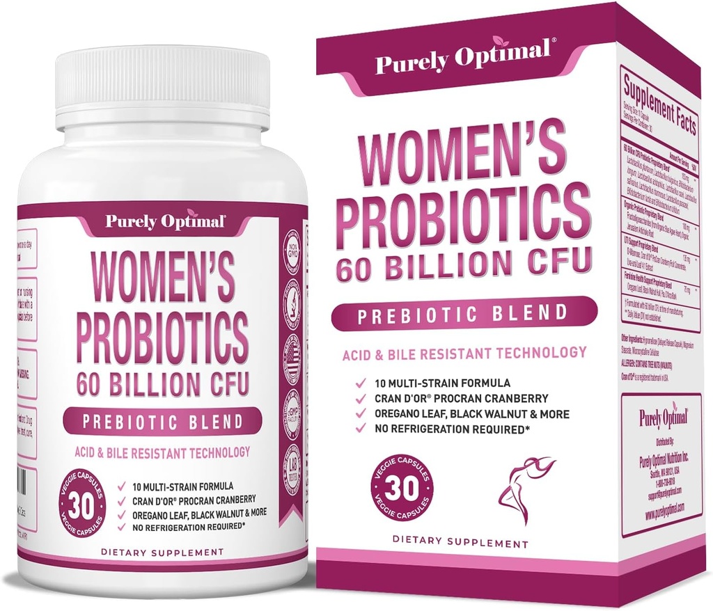 Purely Optimal Women’s Probiotics 60 Billion CFU – Supports Digestive & Vaginal Health, Odor Control, pH Balance – with Prebiotics & Cranberry – Shelf-Stable Probiotics for Women, 30 Capsules 2