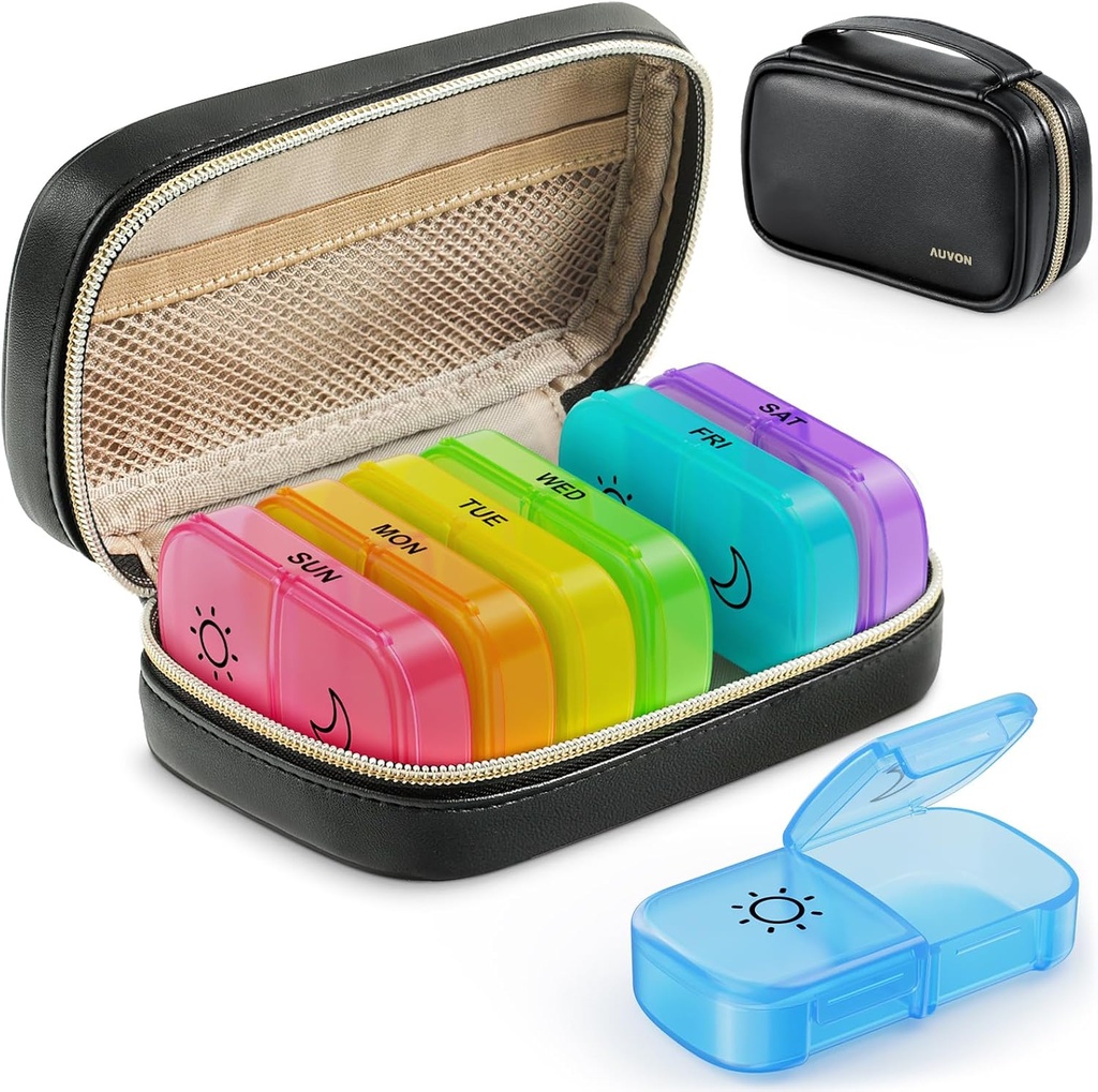 AUVON Weekly Pill Organizer 2 Times a Day with PU Leather Bag, Travel AM PM Pill Box 7 Day with One-Side Large Opening Design for Easy Filling, Portable Pill Case for Vitamins, Medication, Supplements 2