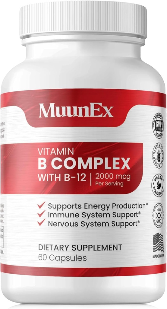 B-Complex, Vitamin B1 B2 B3 B6 B12, New Formula for Max Vitality & Sustained Energy Support,Energy Boost, Nervous System Support, with Vitamin C, Choline, Folate, 60 Capsules 2