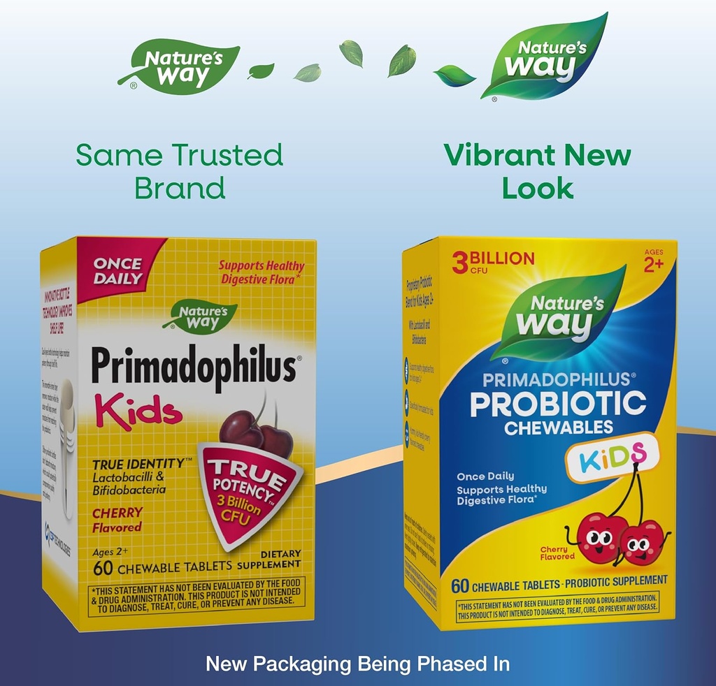 Nature's Way Primadophilus Probiotic Chewables for Kids, Supports Healthy Digestive Flora*, for Kids Ages 2+, 3 Billion CFU, 60 Cherry Flavored Chewables (Packaging May Vary) 4