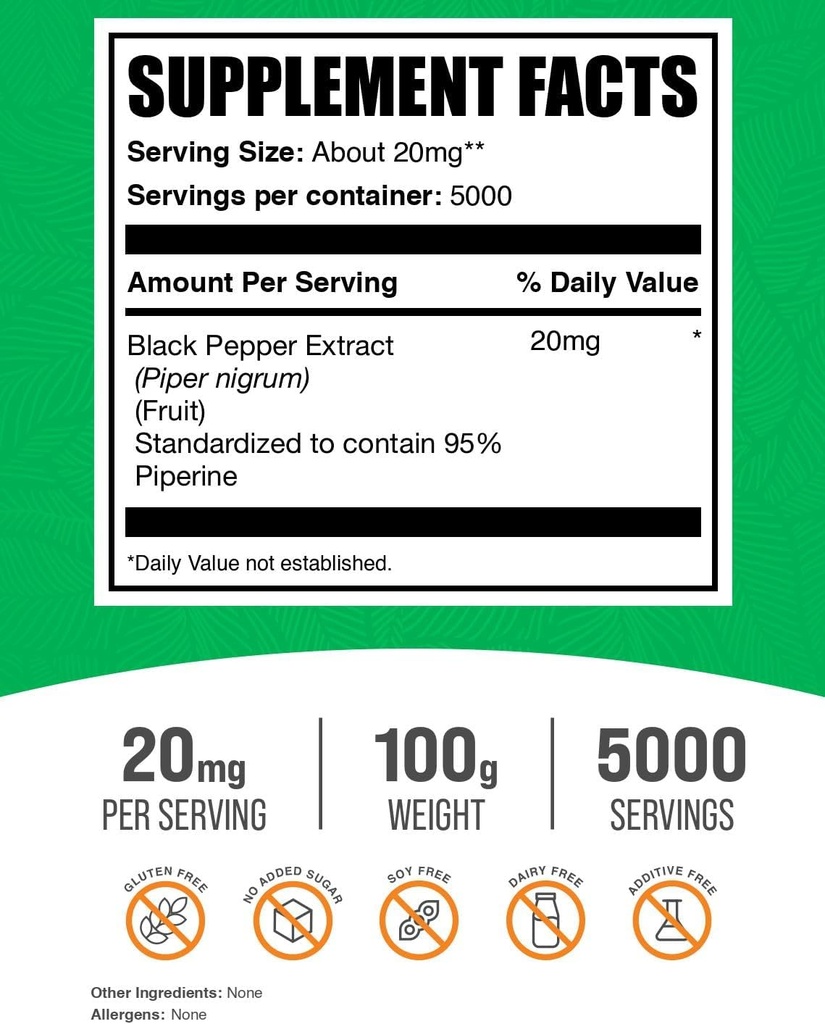 BulkSupplements.com Black Pepper Extract Powder - Black Pepper Supplements, Piperine Supplements - Vegan & Gluten Free, 20mg per Serving, 100g (3.5 oz) (Pack of 1) 3