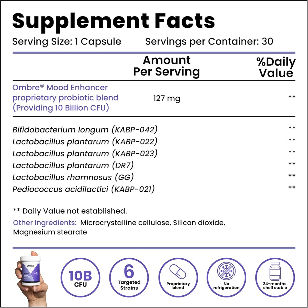 Ombre Mood Enhancer Probiotic Capsules, Promotes Memory, Healthy Sleep Patterns, and Gut Health, 30-Day Supply 5