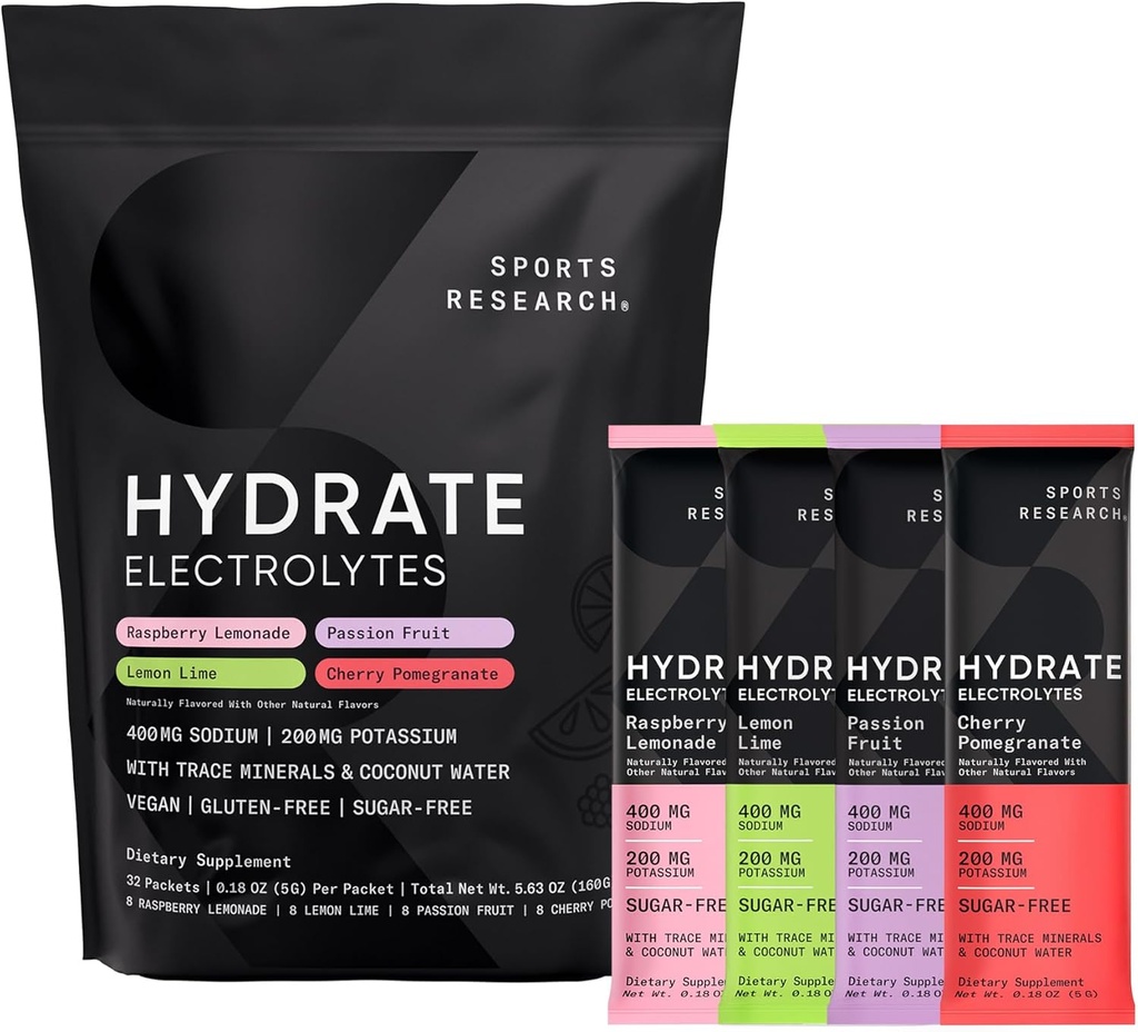 Sports Research® Hydrate Electrolytes Powder Packets - Sugar-Free & Naturally Flavored with Vitamins, Minerals, and Coconut Water - Supports Hydration - 32 Packets - Variety Pack 2