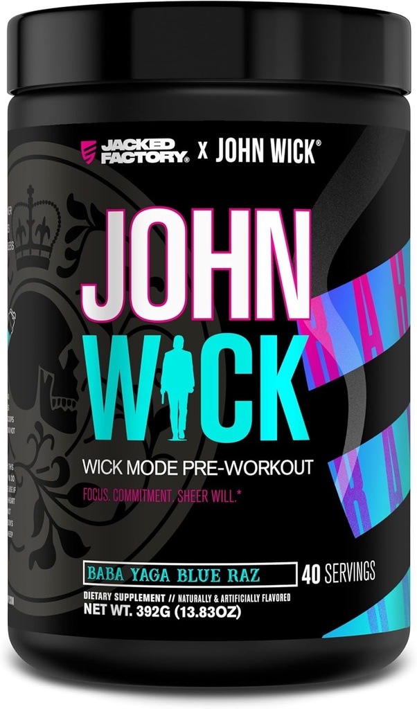 Jacked Factory X John Wick - Wick Mode Pre Workout Powder - Intense Energy, Battle-Ready Focus, Unstoppable Commitment, and Sheer Will - 40 Servings, Baba Yaga Blue Raz 2