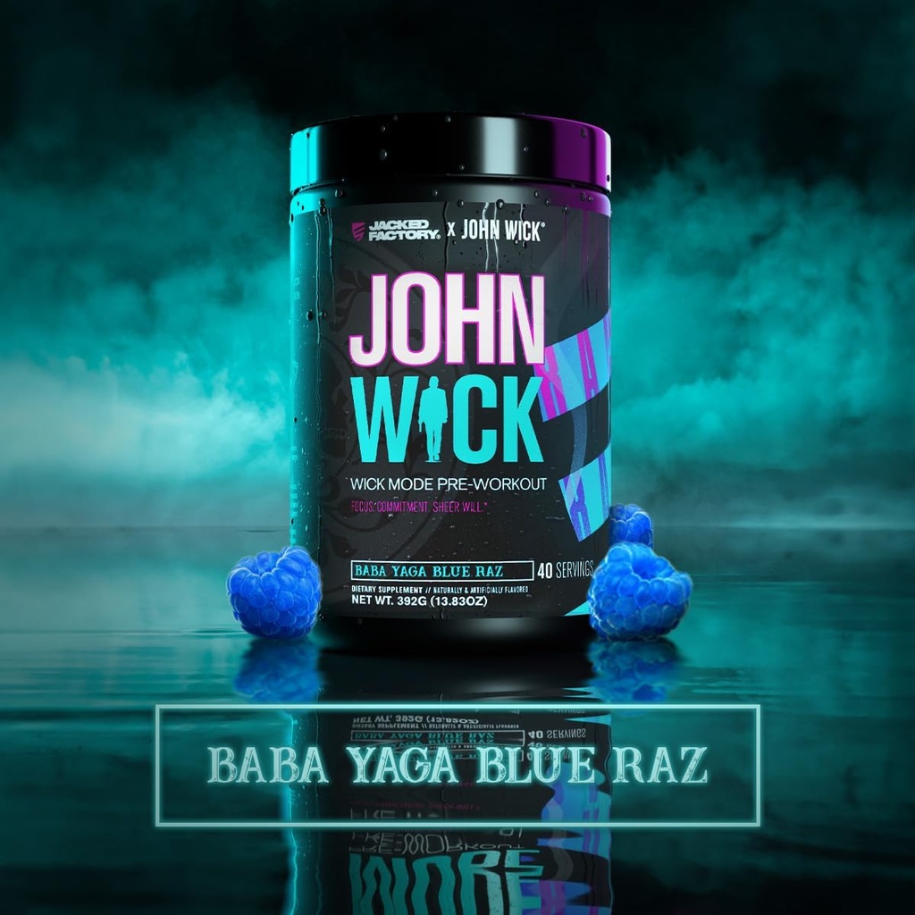 Jacked Factory X John Wick - Wick Mode Pre Workout Powder - Intense Energy, Battle-Ready Focus, Unstoppable Commitment, and Sheer Will - 40 Servings, Baba Yaga Blue Raz 3