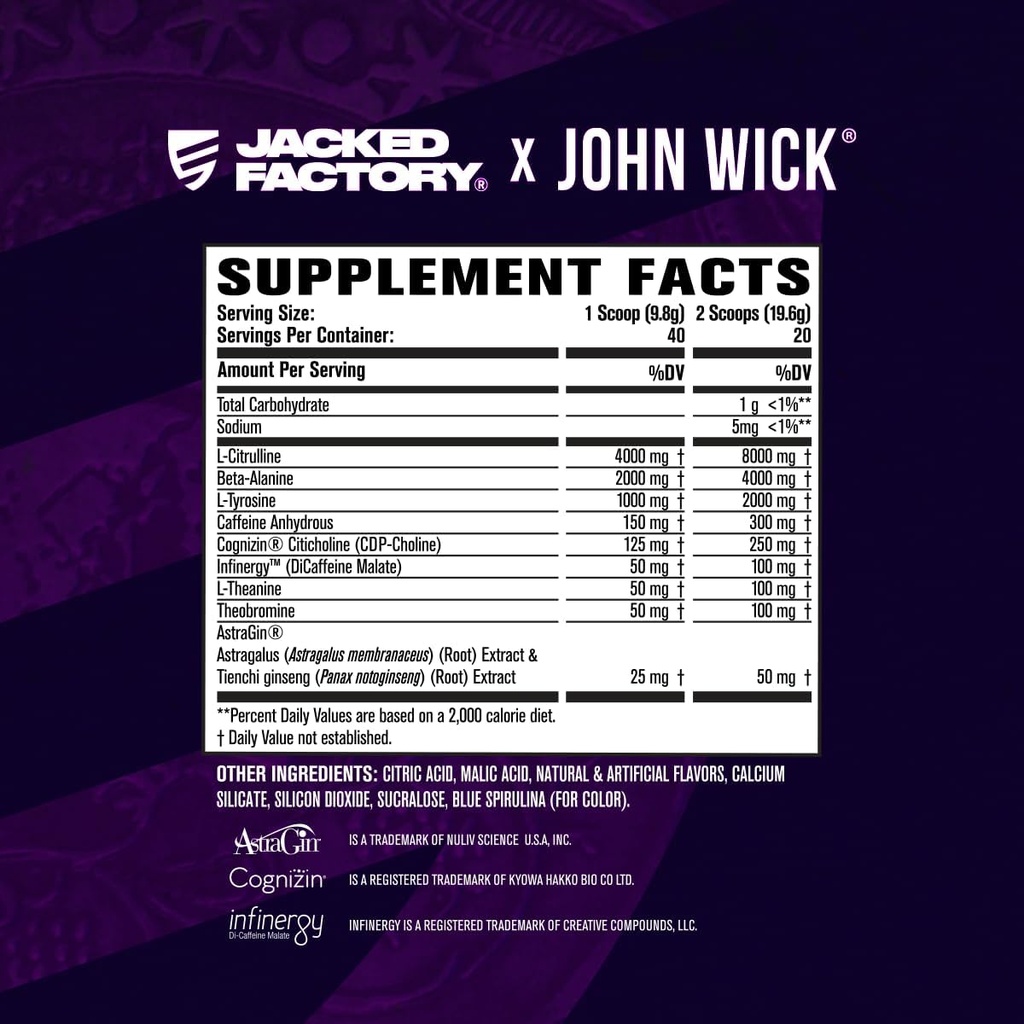 Jacked Factory X John Wick - Wick Mode Pre Workout Powder - Intense Energy, Battle-Ready Focus, Unstoppable Commitment, and Sheer Will - 40 Servings, Baba Yaga Blue Raz 6