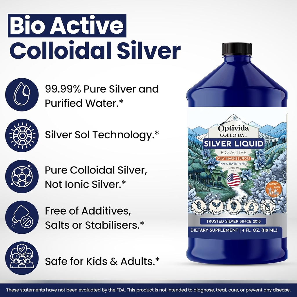 Optivida Health Colloidal Silver Liquid (32 oz) – Premium Nano Silver Colloidal Supplement for Daily Wellness & Immune Support, Natural Liquid Silver Hydrosol for Adults & Kids, Non-GMO, Gluten-Free 5