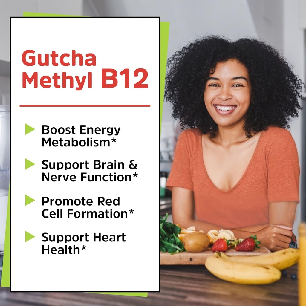Gutcha Vitamin B12 5000 mcg, Bioactive Methylcobalamin, for Nerve, Heart, Brain Health & Energy Production, Non GMO, No Sugar, No Gluten, Natural Peach Flavor, 90 Vegan & Fast Dissolve Tablets 4