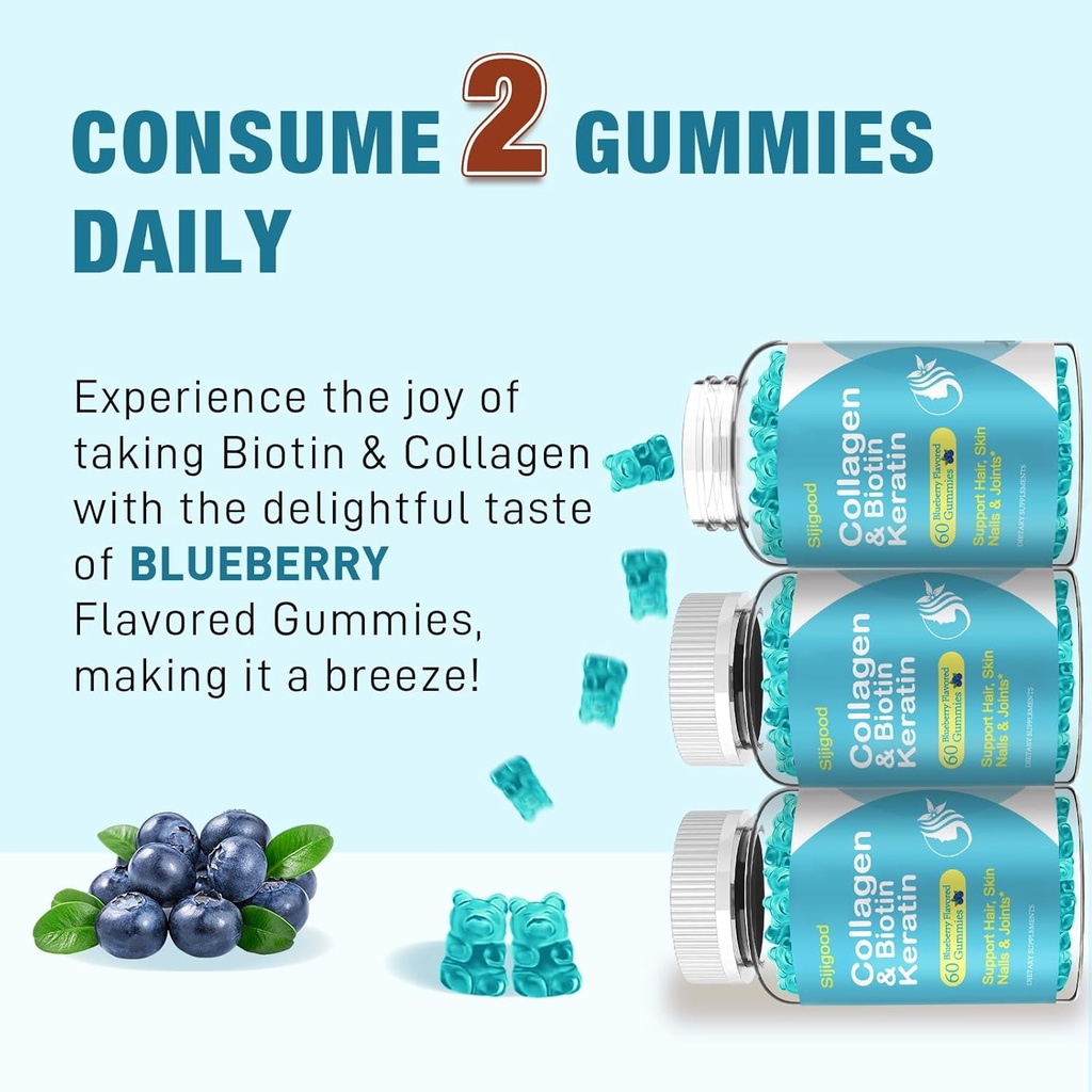 Biotin Gummies with Collagen, Keratin, Hyaluronic Acid, Vitamin for Skin, Hair Growth, Nails, Women Men Adults Kids - 60 Blueberry Flavored Gummies 6