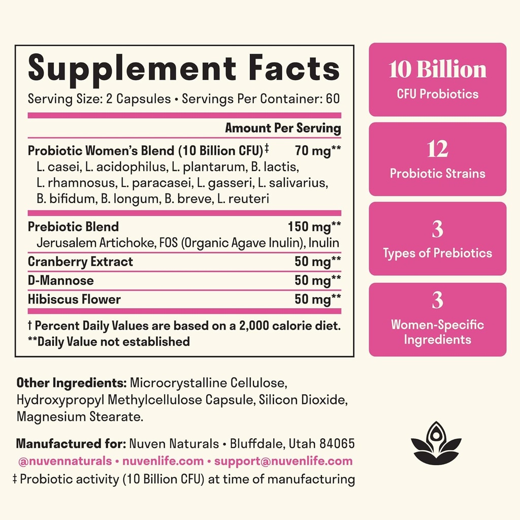 3-in-1 Womens Probiotic - 60 Servings - 12 Unique Strains, Prebiotics, D-Mannose, & Cranberry for Digestive Health, Vaginal Health & Immune Support - Prebiotics and Probiotics for Women | pH Balance 3