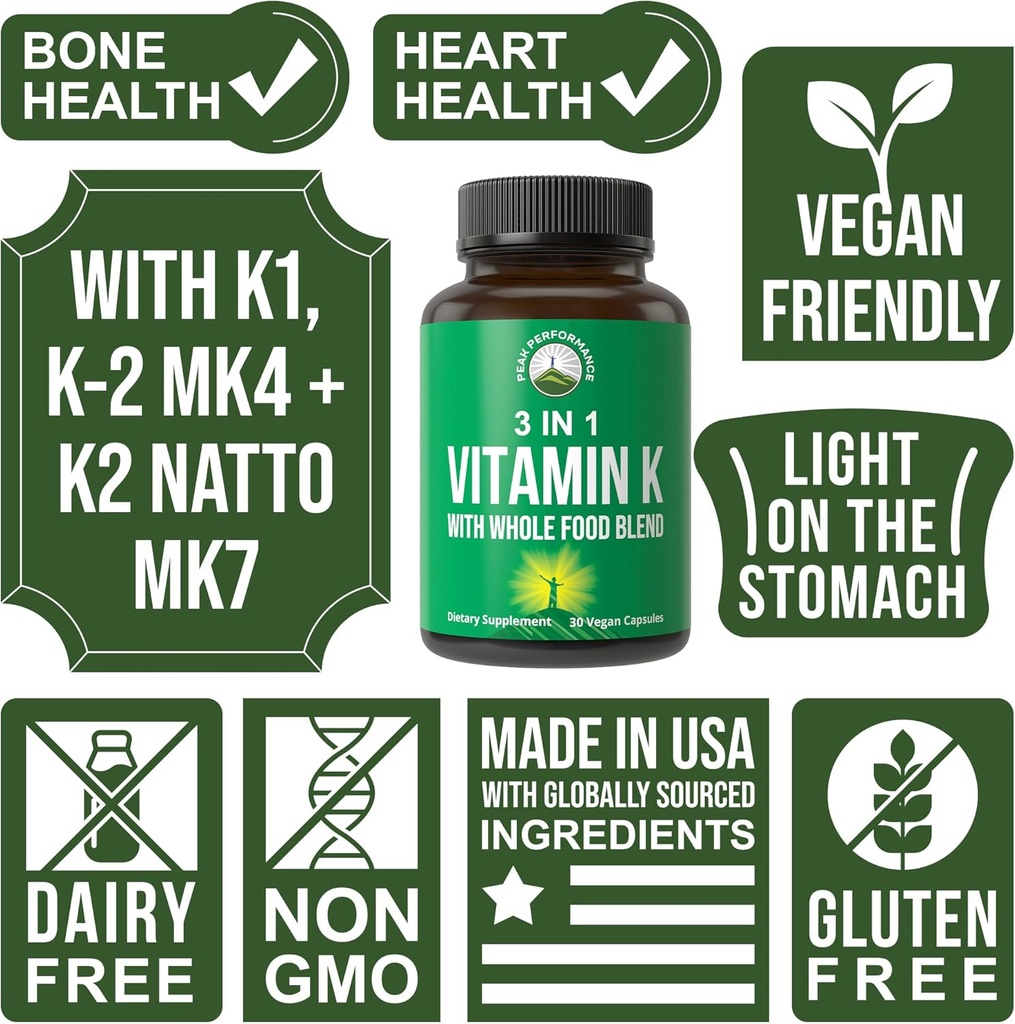 Vitamin K with Whole Food Blend of 25+ Vegetables and Fruits for Max Absorption. Vegan Capsules Supplement. Vitamins K1, K-2 MK4 + K2 Natto MK7. Alternative to Drops, Gummies. VIT K with K 2 and MK-7 4