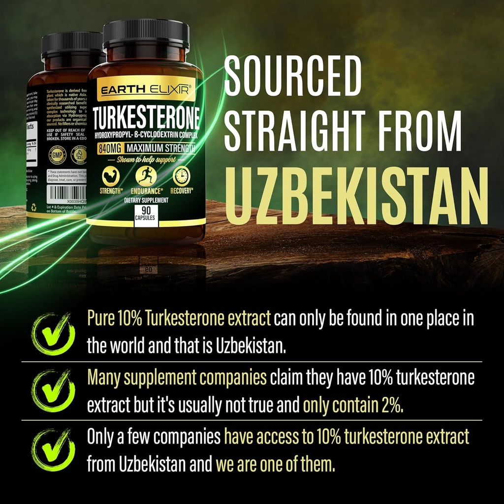 Earth Elixir Turkesterone 840 mg (90 Capsules) – Made in USA - 3rd Party Tested - 100% Pure Turkesterone Supplement for Men & Women - Ajuga Turkestanica Extract - Increase Natural Energy & Strength 4