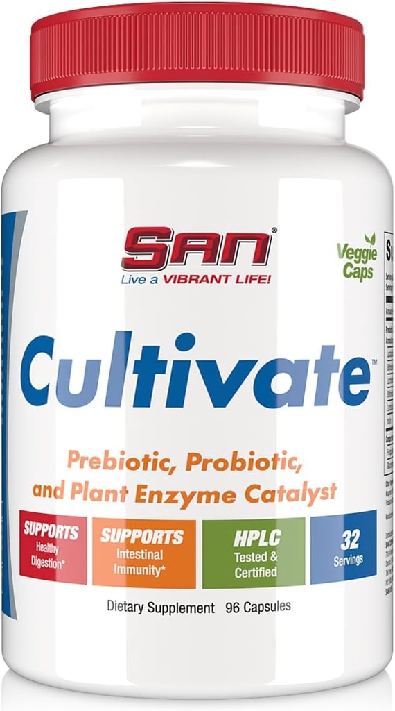 SAN's Cultivate Prebiotic-Probiotic, Multi-Strain Probiotics & Synergistic Prebiotics with Digestive Enzymes - Designed for Digestive Health, Supporting Gut Microbiome - for Women & Men, 96 Capsules 2