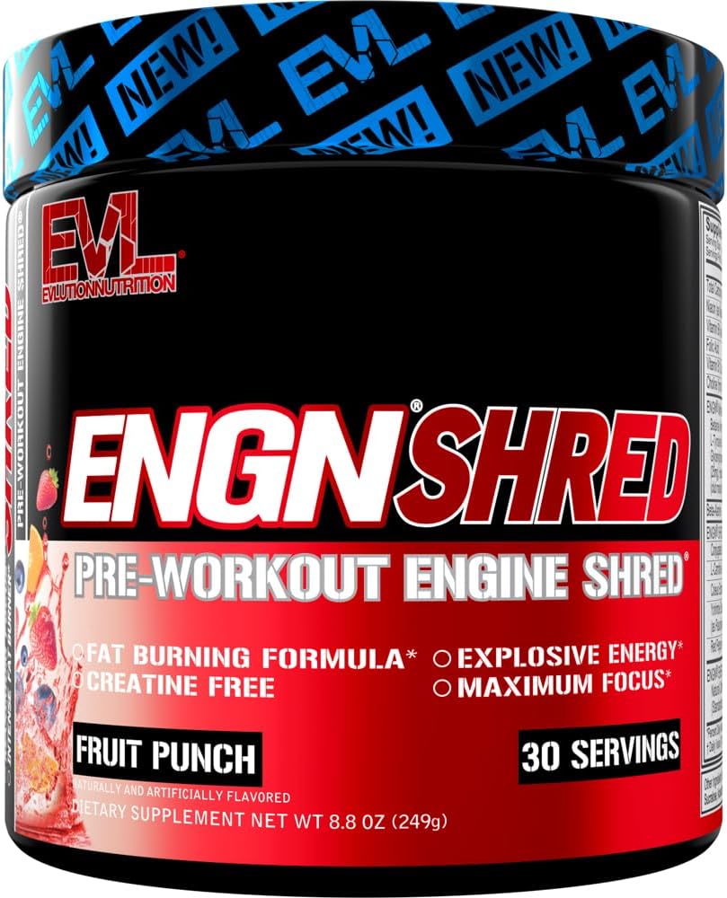 EVL Ultimate Pre Workout Powder - Thermogenic Fat Burn Support Preworkout Powder Drink for Lasting Energy Focus and Stamina - ENGN Shred Intense Creatine Free Preworkout Drink Mix - Fruit Punch 2