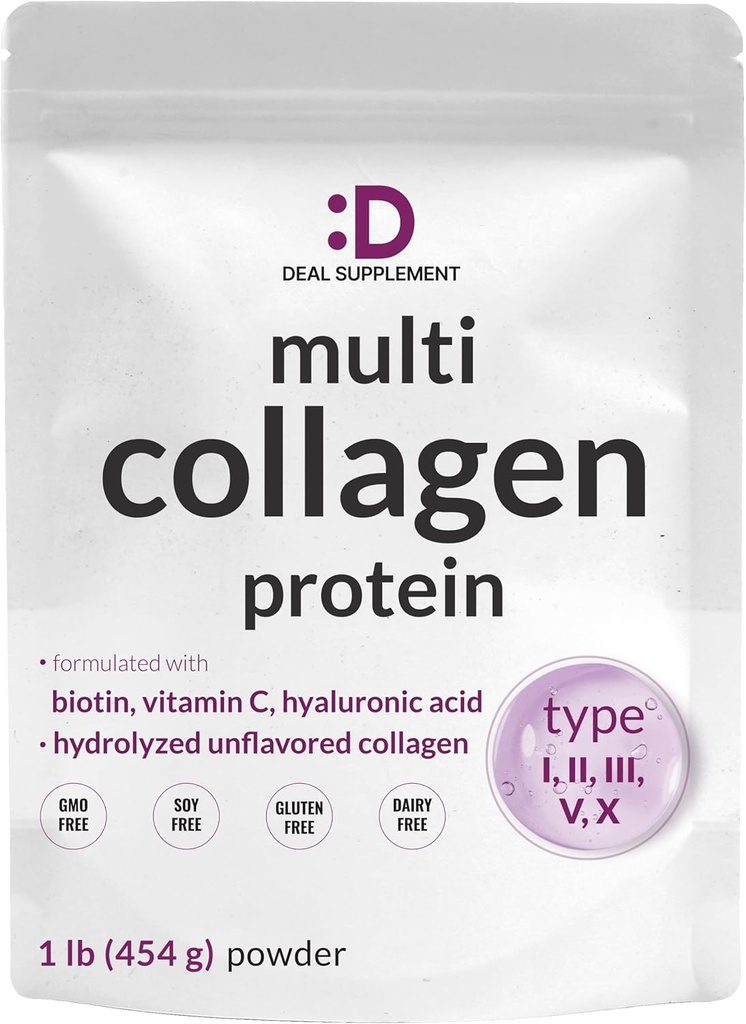 Multi Collagen Protein Powder,1Lb - Type I, II, III, V, X Collagen Peptides with Biotin 10000mcg, Vitamin C & Hyaluronic Acid - Unflavored - Keto & Paleo Friendly, Great for Hair, Skin, Nails & Joints 2