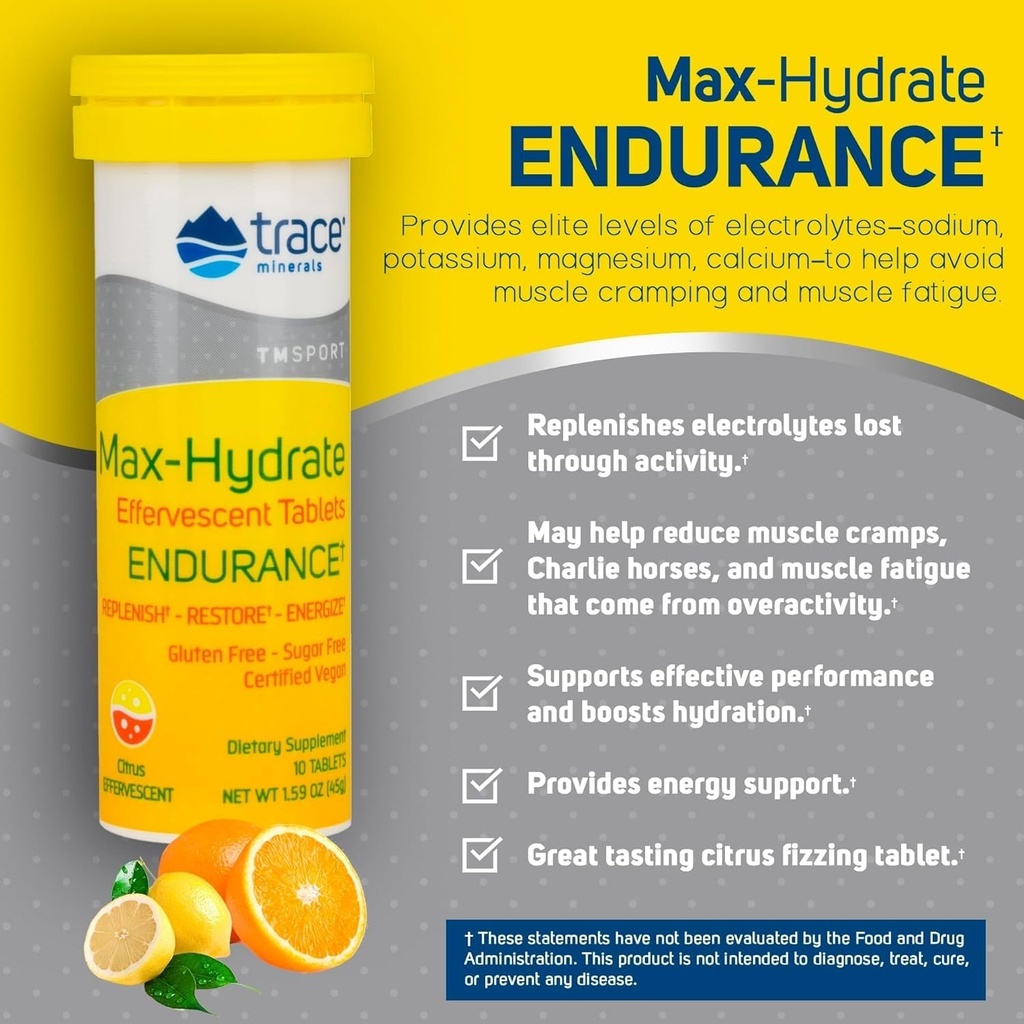 Trace Minerals Max-Hydrate Endurance - Daily Energy Support Supplement - Electrolyte Supplement to Aid Against Muscle Cramps - Supplement to Support Hydration - Citrus, 10 Tabs (80 Servings) 4