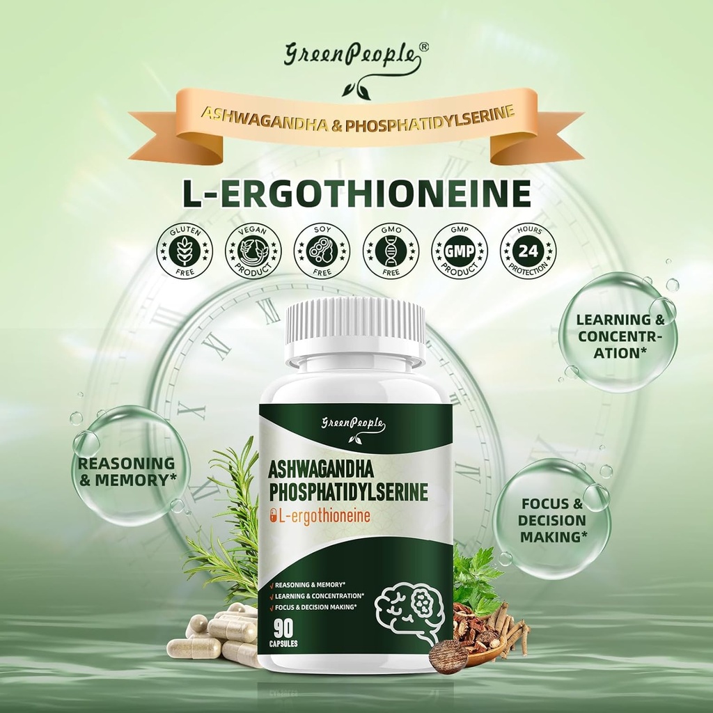 GREENPEOPLE L-Ergothioneine 25MG Complex Capsules - 90 CT 9 in1 Brain Supplement with Ashwagandha & Phosphatidylserine for Reasoning & Memory/Learning & Concentration/Focus 3
