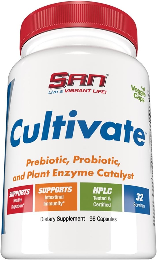 SAN's Cultivate Prebiotic-Probiotic, Multi-Strain Probiotics & Synergistic Prebiotics with Digestive Enzymes - Designed for Digestive Health, Supporting Gut Microbiome - for Women & Men, 96 Capsules 5