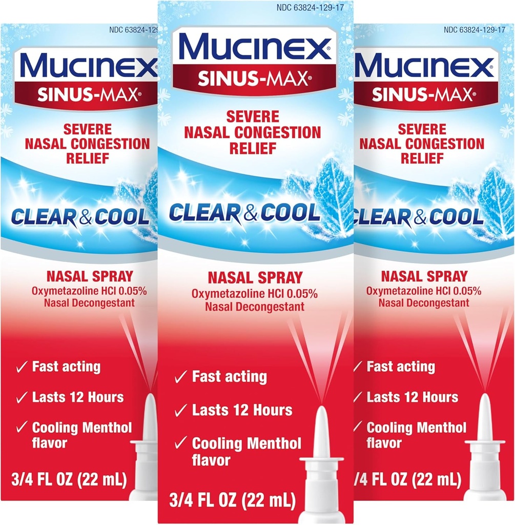 Mucinex Sinus-Max Nasal Spray Decongestant, 12 Hour Over-The-Counter Medication Nose Spray for Sinus Relief, Nasal Decongestants for Adults, Cooling Menthol, 0.75 Fl Oz (Pack of 3) 2