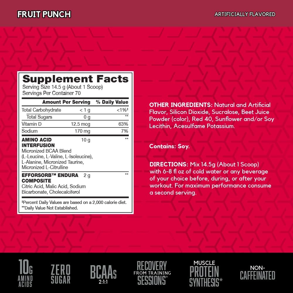 BSN Amino X Muscle Recovery & Endurance Powder with BCAAs, 10 Grams of Amino Acids, Keto Friendly, Caffeine Free, Support Endurance, Zero Sugar, Fruit Punch, 70 servings (Packaging May Vary) 3