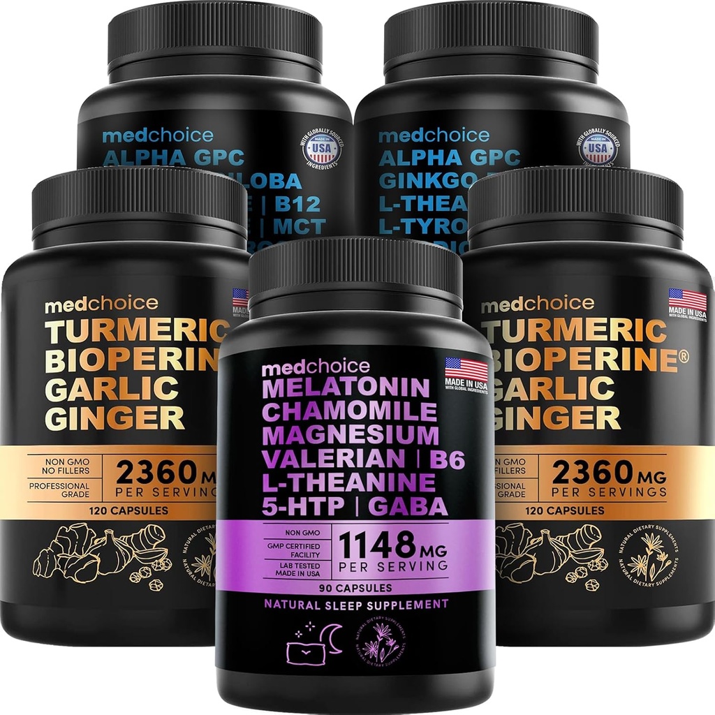 MEDCHOICE Sleep Melatonin (90ct), Turmeric & Ginger (240ct), and Nootropic Brain (120ct) Supplement Bundle - Wellness Trio for Brain, Sleep, & Immune Support - Vegan, Non-GMO, Gluten-Free 2