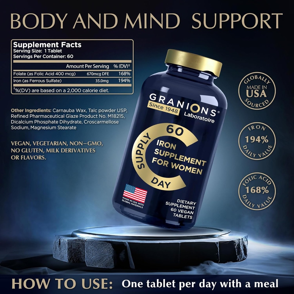 Vegan Iron Supplements for Women - 194% Daily Womens Iron Supplement for Pregnancy and Anemia Folic Acid Prenatal Vitamins - 168% Folate Folic Acid - 60 Tablets 4