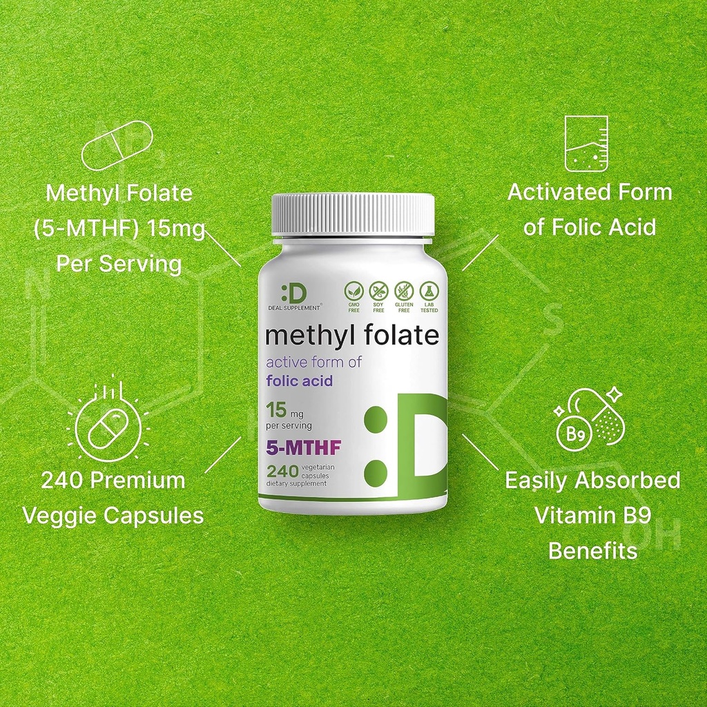 DEAL SUPPLEMENT L Methylfolate 15mg Per Serving, 240 Veggie Capsules – Active Folic Acid Form (5-MTHF), Bioavailable Methylated Folate – Prenatal, Energy, & Brain Support Supplement – Non-GMO 5