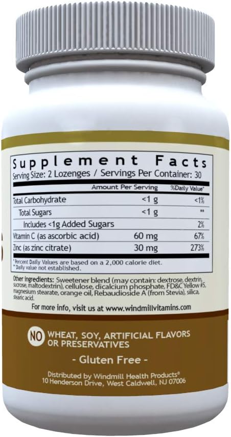 Windmill Health Natural Vitamins Zinc Lozenges with Vitamin C Honey Lemon Flavor, Immune System Support, Provides Antioxidant Support, Delicious & Fast Acting, 60 Lozenges, 30 Servings. 3