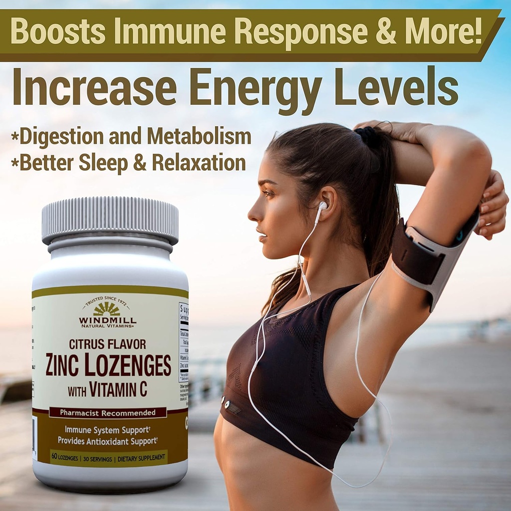 Windmill Health Natural Vitamins Zinc Lozenges with Vitamin C Honey Lemon Flavor, Immune System Support, Provides Antioxidant Support, Delicious & Fast Acting, 60 Lozenges, 30 Servings. 4