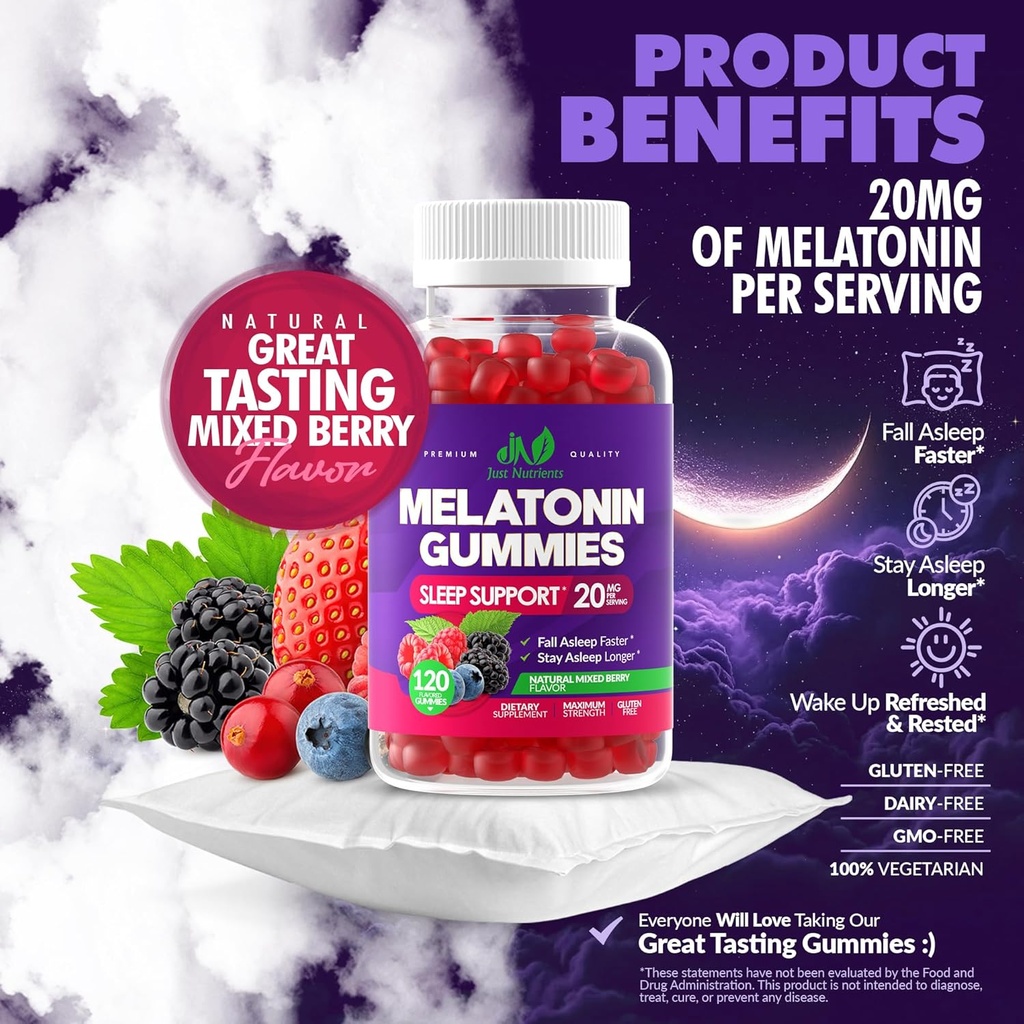 Melatonin 20mg Gummies for Adults (120 Count) - High Potency Sleep Support with 10mg of Melatonin Per Gummy - Gluten-Free, Non-GMO, Vegetarian, Great Tasting Mixed Berry Flavor - 60 Servings 4