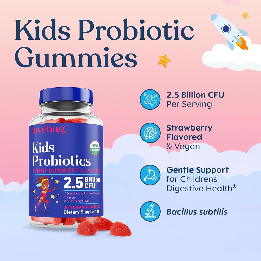 LOVEBUG Kids Probiotic Gummies – Organic Chewable Probiotics for Kids Aged 4+, Soil- Based Children’s Probiotic for Gut Health,Constipation,Digestive & Immune Support, Vegan, 30 Chews, Strawberry 3