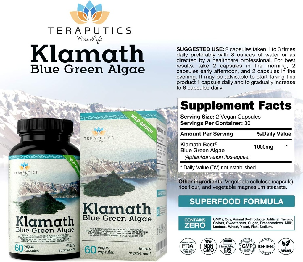 Premium Klamath Lake Blue Green Algae - More Powerful Than Spirulina and Chlorella Supplements | Pure Chlorophyll Rich SuperFood, Sourced from Organic Klamath Lake, 500mg, 60 Vegan Capsules 3