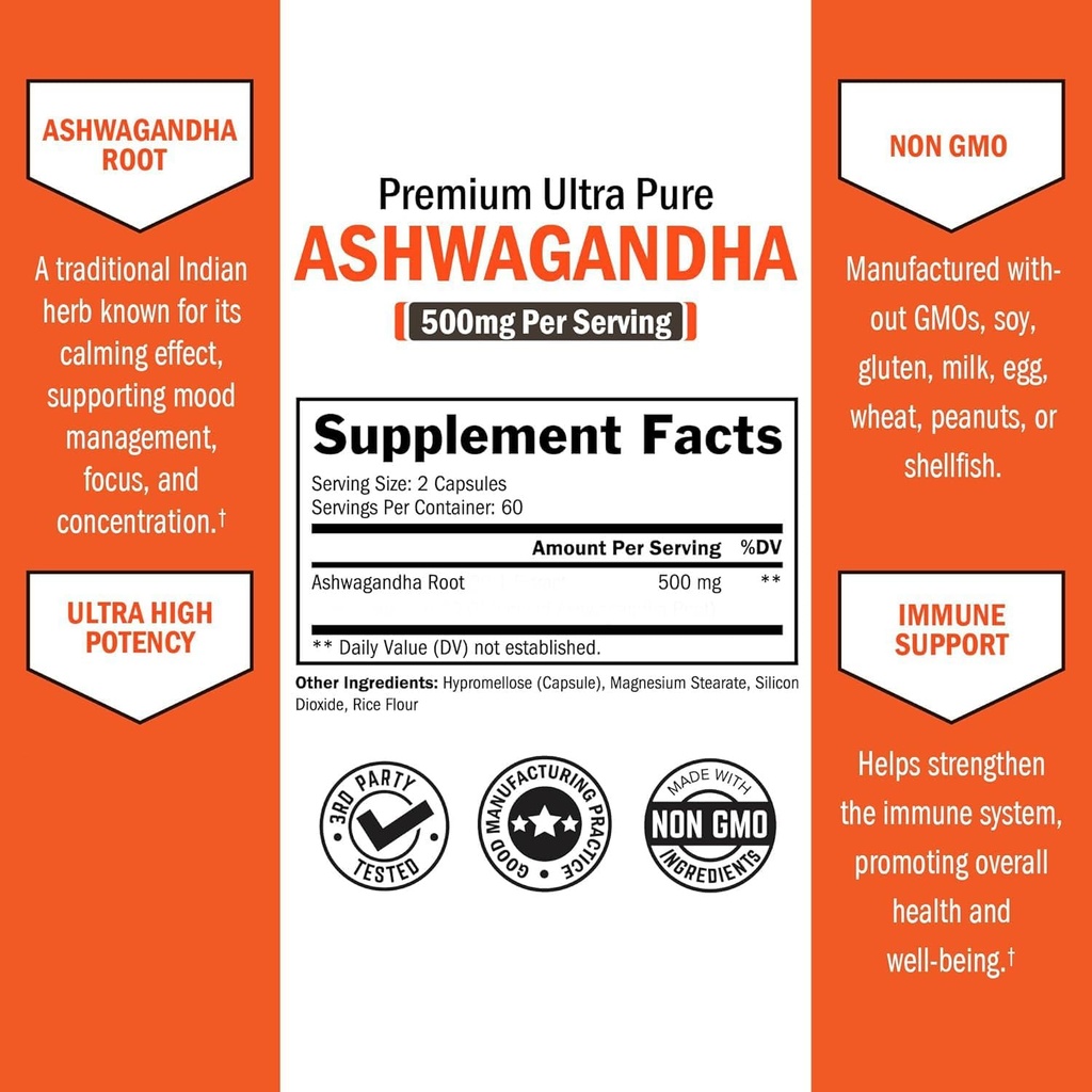 BioSchwartz Ashwagandha Supplements - Extra Strength Ashwagandha Capsules 500mg Per Serving - Gluten Free, Non-GMO, Made in The USA with Globally Sourced Ingredients, 60 Servings (120 Count) 6
