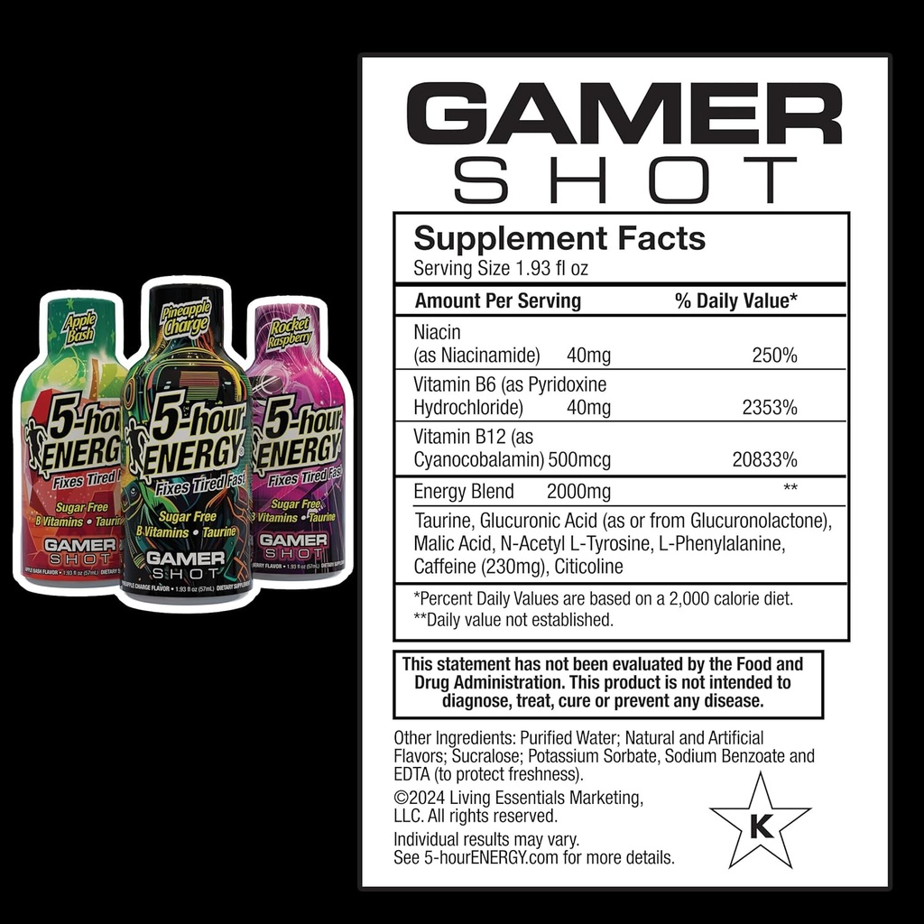 5-Hour Energy Gamer Shots Variety Pack, 30 Count (1.93 fl oz) - Extra Strength Apple Bash, Rocket Raspberry, Pineapple Charge Flavors 3