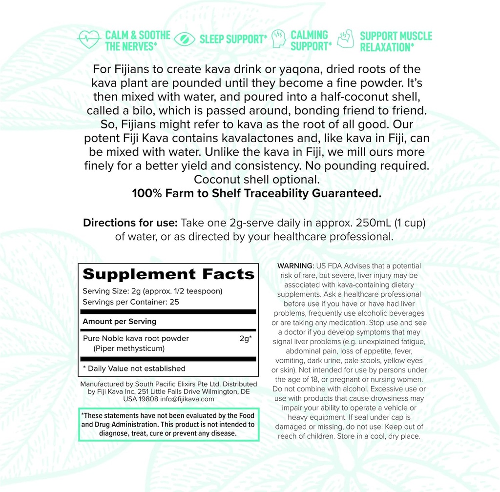 FijiKava Instant Kava Kava Powder 50g – Premium Kava Root Powder with High Kavalactone Content – Natural Relaxation Aid for Calmness, Stress Relief, and Sleep Support – Easy-to-Mix 3