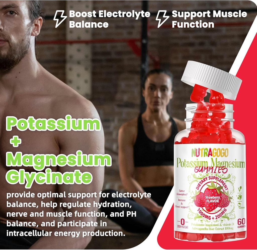 Potassium Magnesium Gummies,Potassium Supplement w/Ashwagandha,High Absorption Magnesium Glycinate,B6,D3,Potassium Citrate,Electroyte for Adults Kids,Sugar-Free, 60 Strawberry Chews 5