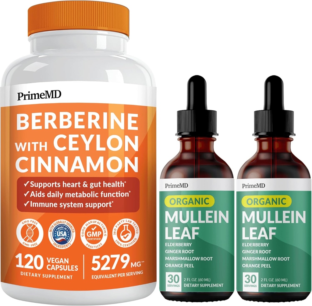 21-in-1 Berberine Supplement with Ceylon Cinnamon Chromium, Bitter Melon and Green Tea Extract (120 ct) & 5-in-1 Mullein Drops for Lungs and Respiratory Lung Health & Bronchial Support (60 Servings) 2