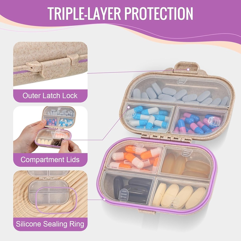 3 Packs 7-Compartments Pill Organizer - Large, Secure Locking and Moisture Proof Pill Box -Travel Friendly with Labels - Portable Daily Pill Dispenser for Vitamins/Fish Oils/Supplements - Pastillero 4