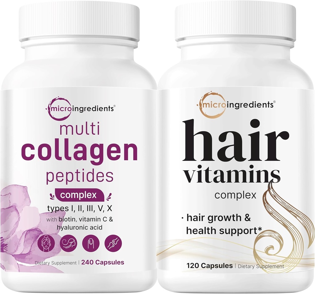 Micro Ingredients Multi Collagen Complex for Women & Hair Vitamins Complex Capsules Bundle 2 Pack | Grass-Fed Collagen Peptides | 14-in-1 Advanced Hair Growth Support 2