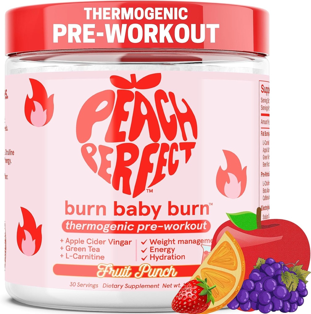 Peach Perfect Burn Baby Burn Pre Workout Powder for Women, Fruit Punch, for Energy, with Electrolytes, Apple Cider Vinegar, Natural Caffeine Green Tea, & L Carnitine, Energy Drink Powder, 30 Servings 2