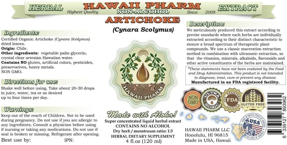 Artichoke Alcohol-Free Liquid Extract, Organic Artichoke (Cynara scolymus) Dried Leaf Glycerite Hawaii Pharm Natural Herbal Supplement 4 oz 3