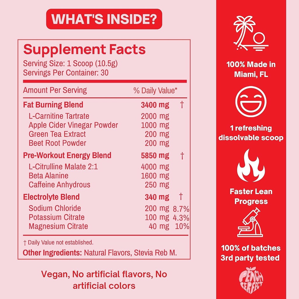 Peach Perfect Burn Baby Burn Pre Workout Powder for Women, Fruit Punch, for Energy, with Electrolytes, Apple Cider Vinegar, Natural Caffeine Green Tea, & L Carnitine, Energy Drink Powder, 30 Servings 6